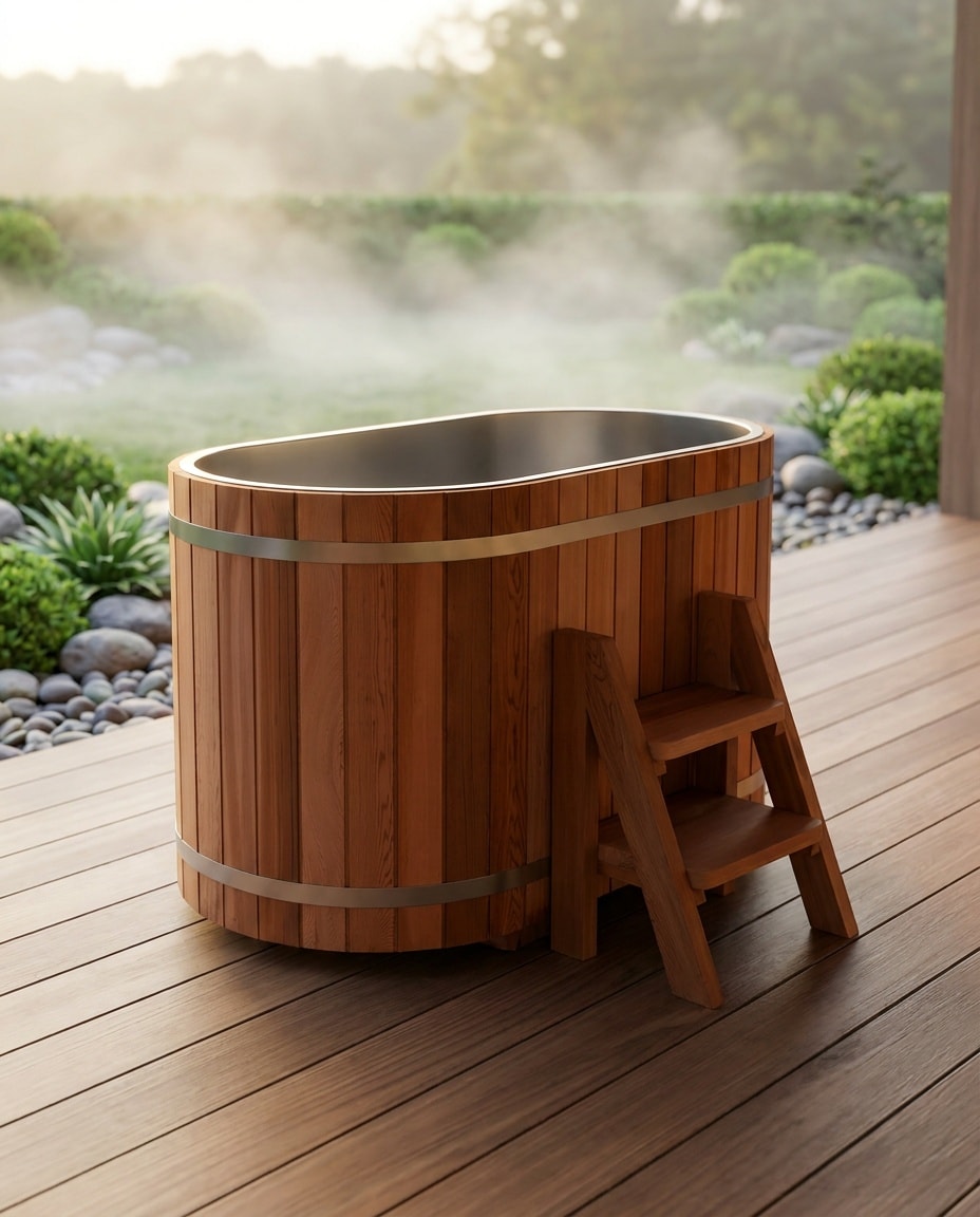 Baignoire à glace en cèdre rouge massif installée sur une terrasse