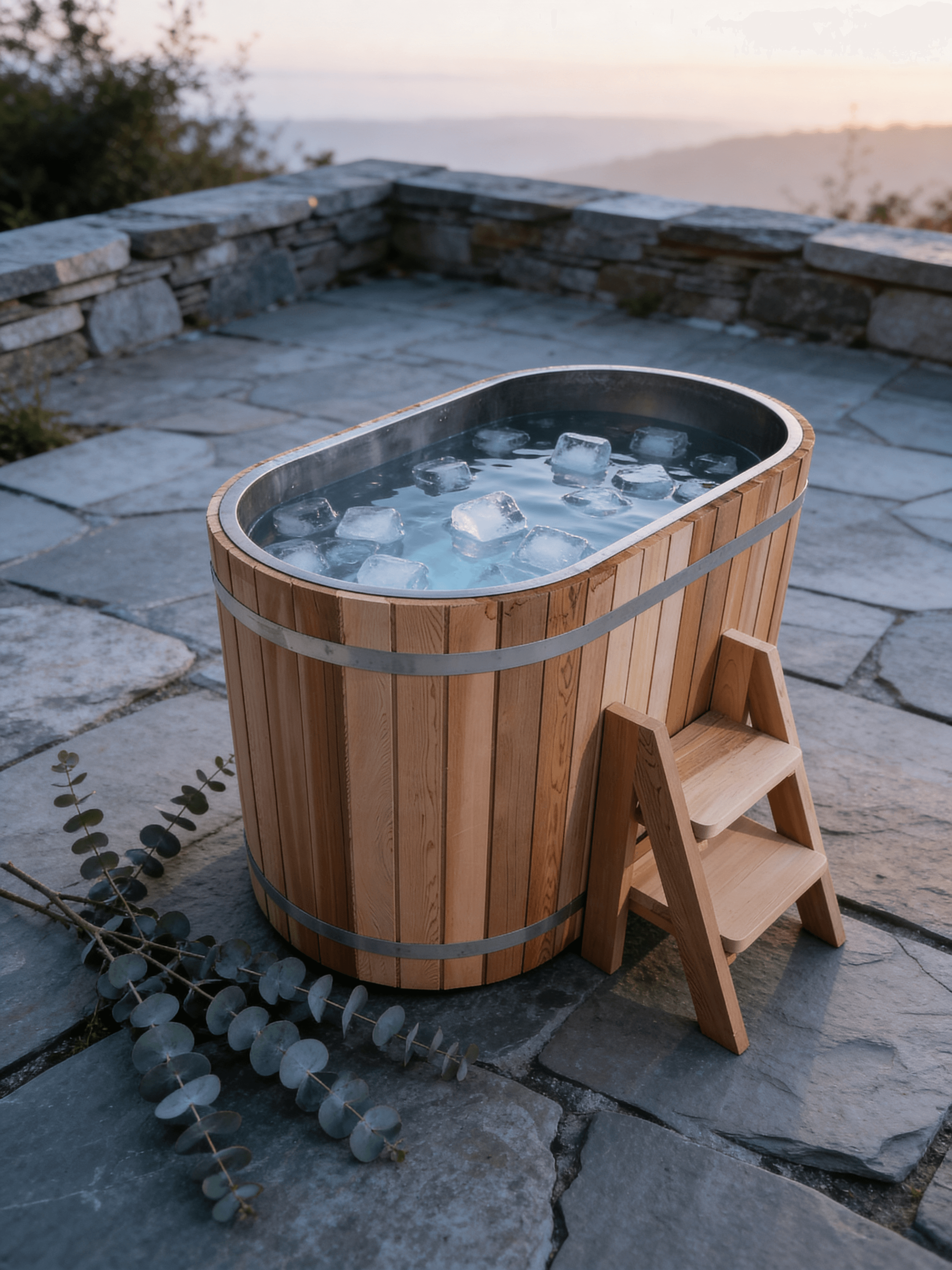 Baignoire à glace en cèdre remplie d eau froide et de glaçons